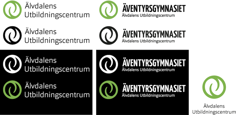 Exempel på Älvdalens Utbildningscentrums loggor. Logotyperna finns i olika varianter.