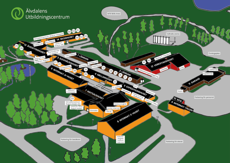 En karta över skolområdet på Älvdalens Utbildningscentrum. Den är lågupplöst. För att se hela kartan behöver man klicka på den och öppna en pdf. På kartan syns skolbyggnader, internat, övningsområden och övningsplan. Expeditionen ligger mitt i skolområdet.